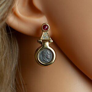 Vintage 1990s Gold Tone Roman Coin Drop Earrings Red Cabochon Crystal 1.25”